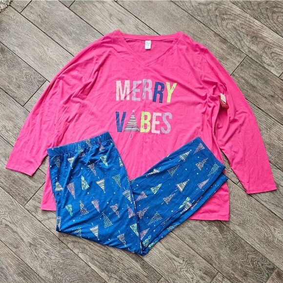 Sleep Chic Merry Vibes Pink and Blue PJ Set Size 3X - Picture 16 of 16